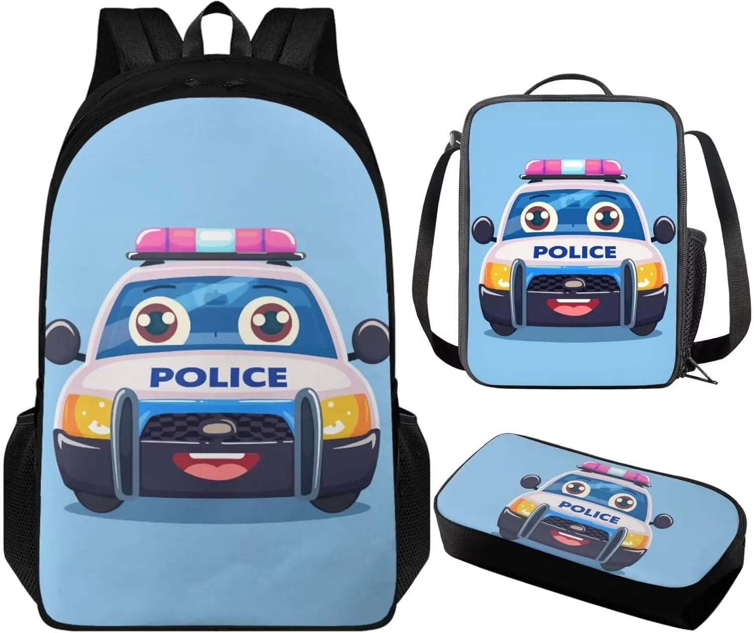 Police Car Kids Backpack for Boys Elementary Kindergarten Preschool School Bag Primary Student Girls Bookbag Set with Lunch Box and Pencil Pouch, 3Pcs