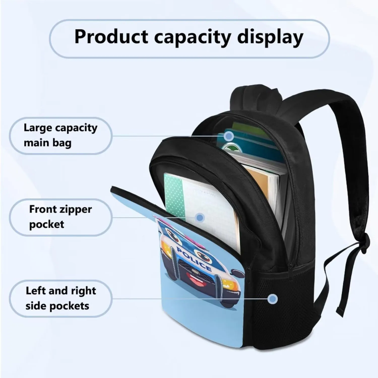 Police Car Kids Backpack for Boys Elementary Kindergarten Preschool School Bag Primary Student Girls Bookbag Set with Lunch Box and Pencil Pouch, 3Pcs