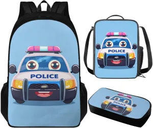 Police Car Kids Backpack for Boys Elementary Kindergarten Preschool School Bag Primary Student Girls Bookbag Set with Lunch Box and Pencil Pouch, 3Pcs