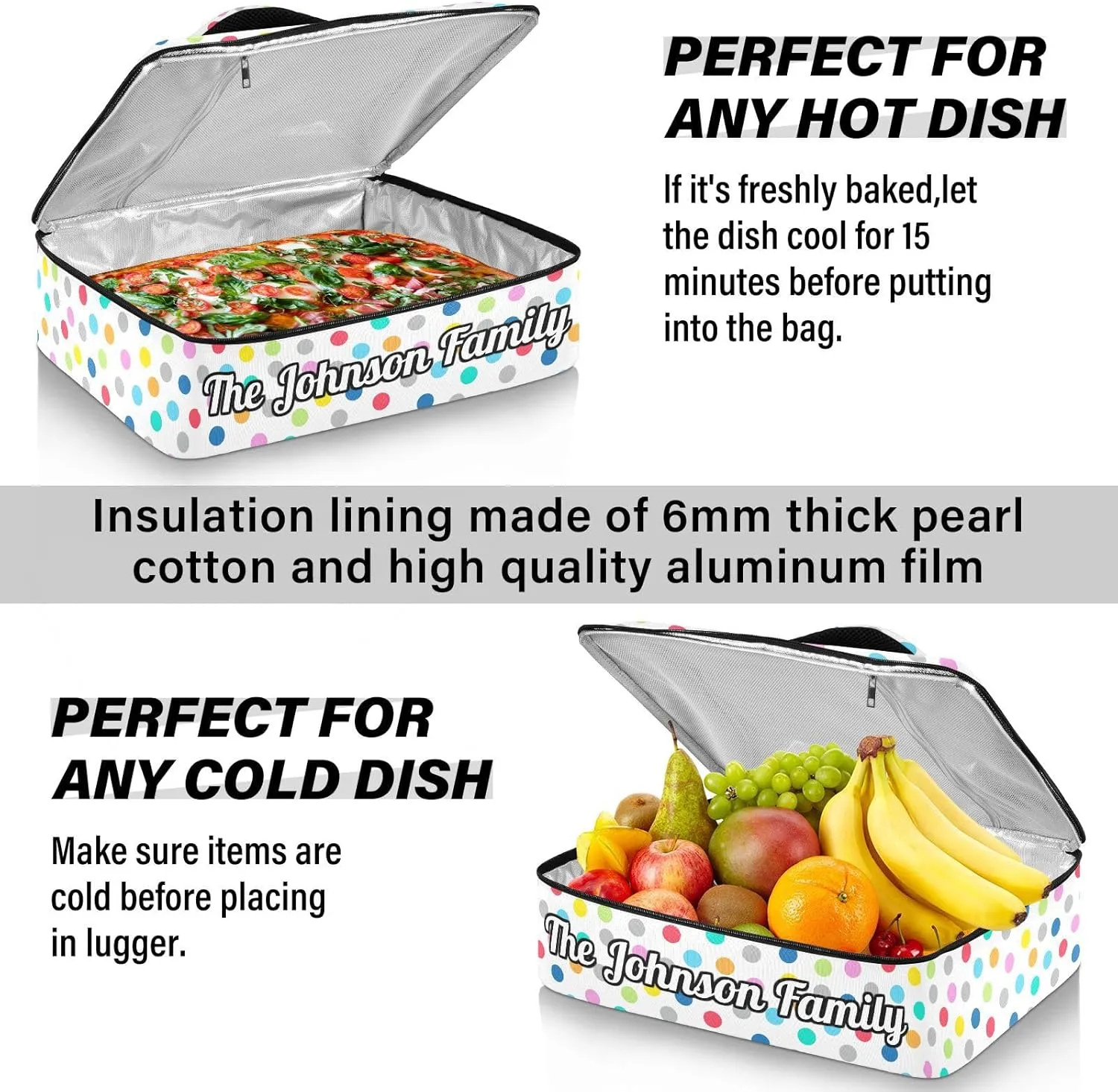 Polka Dot Custom Casserole Carrier Bag for Hot or Cold Food Personalized Insulated Food Dish Bag Tote for Picnic Camping