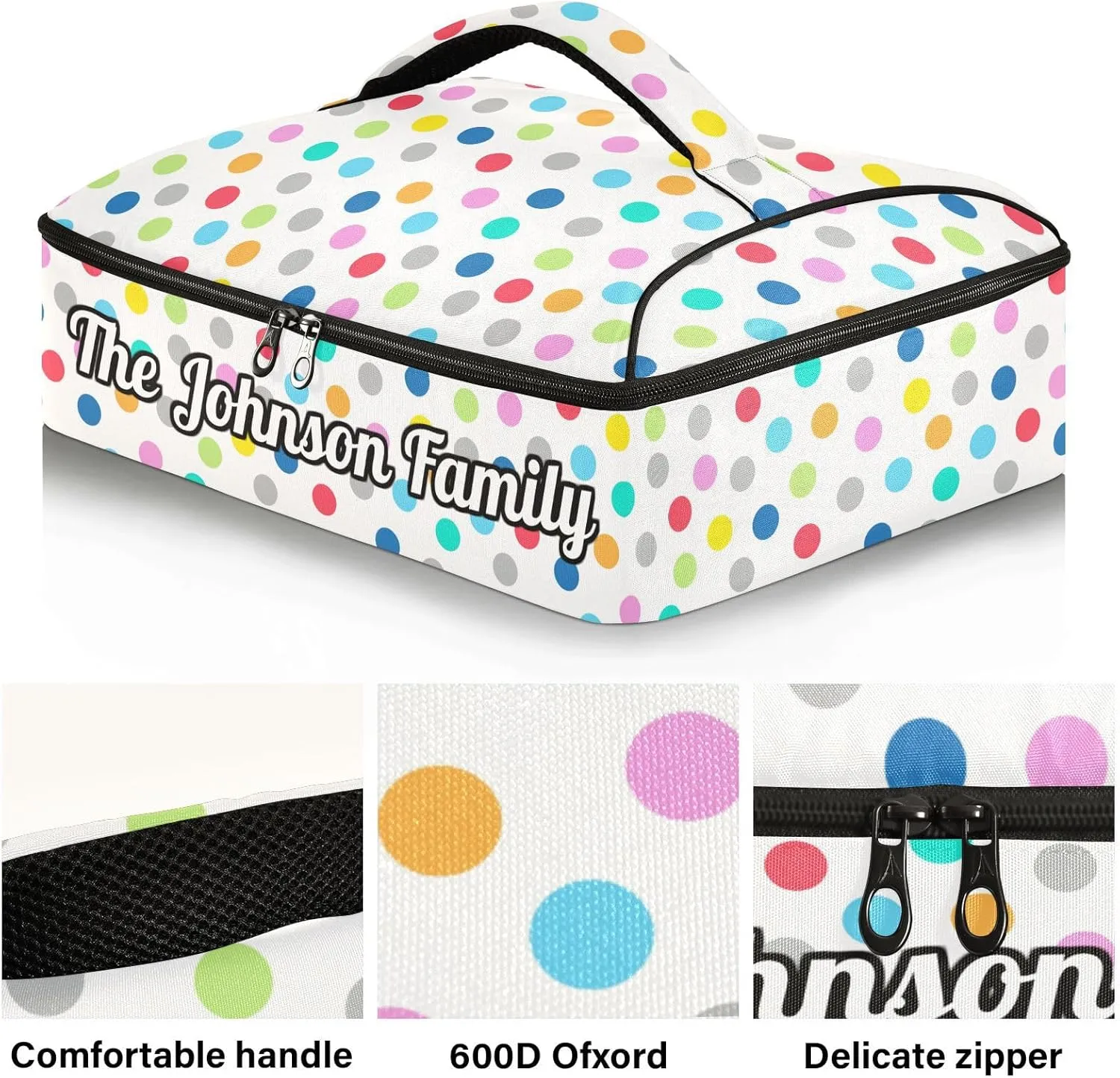 Polka Dot Custom Casserole Carrier Bag for Hot or Cold Food Personalized Insulated Food Dish Bag Tote for Picnic Camping