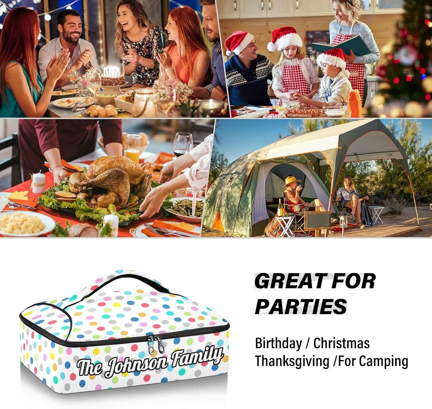 Polka Dot Custom Casserole Carrier Bag for Hot or Cold Food Personalized Insulated Food Dish Bag Tote for Picnic Camping