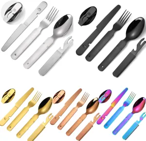 Portable Fork Spoon Knife Bottle Opener 4 in 1 Multi Functional Folding Flatware Silverware Stainless Steel 20 Pieces/Lot