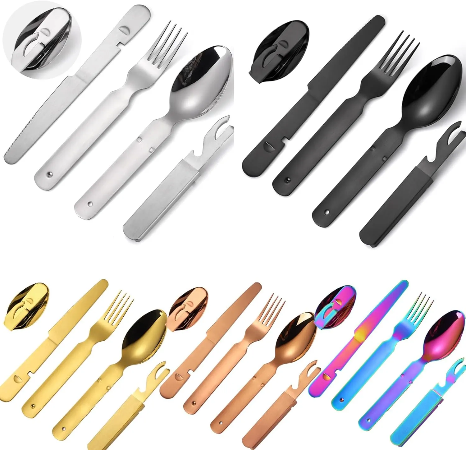 Portable Fork Spoon Knife Bottle Opener 4 in 1 Multi Functional Folding Flatware Silverware Stainless Steel 20 Pieces/Lot