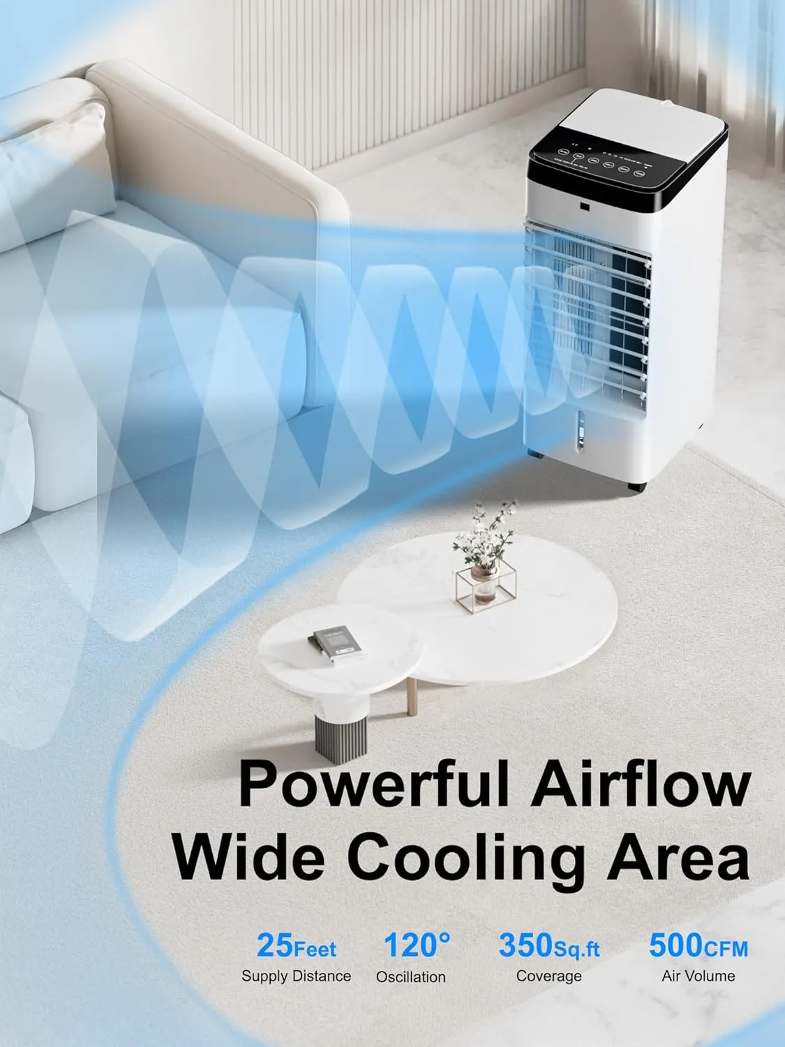 Portable Windowless Air Conditioner, 3 In 1 Evaporative Air Cooler with 6 Ice Packs, 4 Modes, 120°Oscillation, 12 H Timer, 3 Speeds, Remote, Swamp Room Cooler Cooling Fan for Bedroom, Office