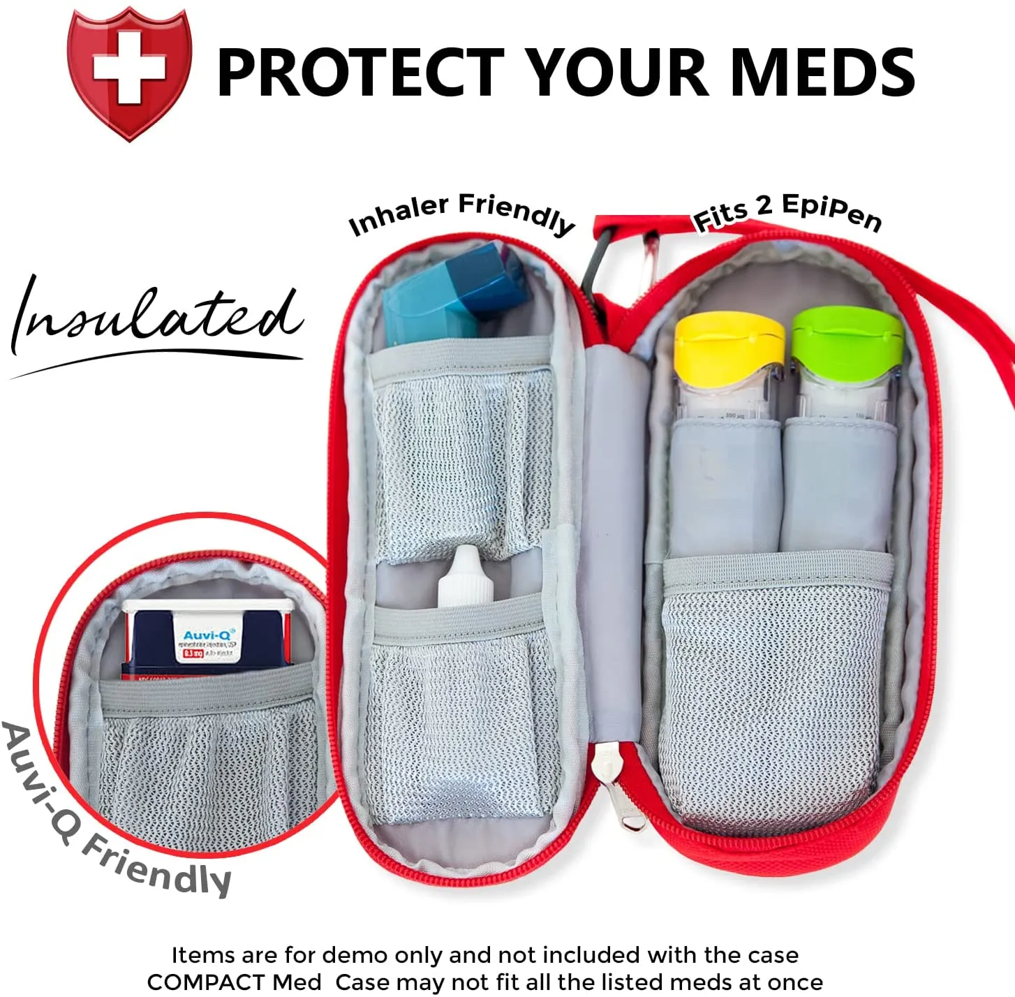 PracMedic Bags Epipen Carry Case- Insulated Compact, holds 2 Epi Pens or Auvi-Q, Inhaler, Nasal Spray, Antihistamine tablets, Immediate Access to Allergy Medicines During Emergency and First Aid (Red)
