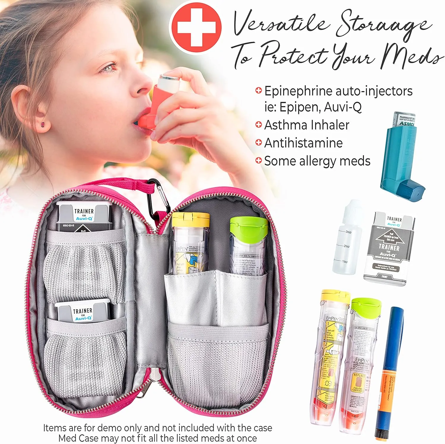 PracMedic Bags Epipen Carry Case Kids- Insulated, Holds 2 Epi Pens or Auvi Q, Antihistamine. Inhaler, Nasal Spray, Eye Drops, Allergy Medicine- Medical Carrying Case for Emergencies- Updated (Pink)