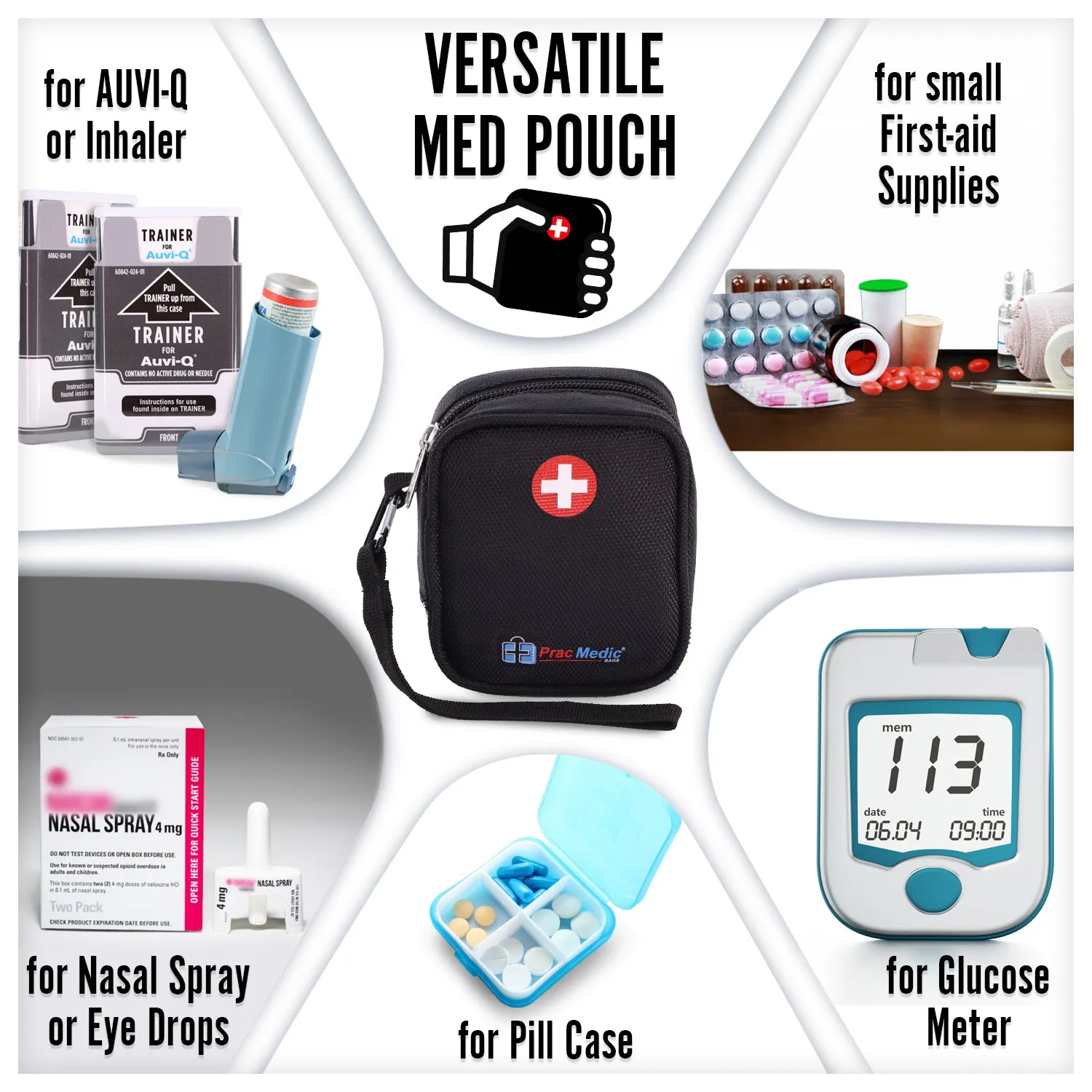 PracMedic Bags Insulated Medical Pouch and Medication Travel Organizer- Lightweight, Compact- Holds Auvi Q, Anti-Histamine Tablets, Nasal Spray, Eye Drops, Small Meds (Q-Pouch Black)