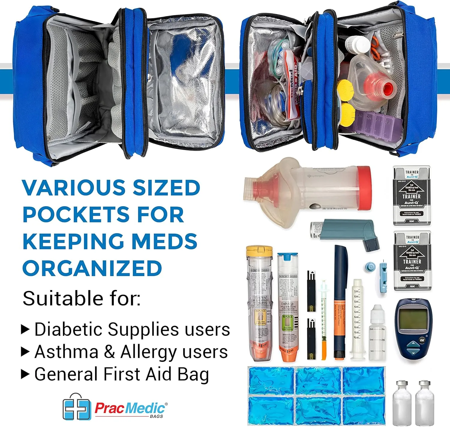 PracMedic Bags Medicine Bag- Insulin Cooler Travel Case- Diabetes Gifts- Diabetic Bag holds Diabetes Supply, Epipen, Auvi Q, Pill Bottle, First Aid, Asthma Spacer, Allergy Meds (X-MEDS Blue)