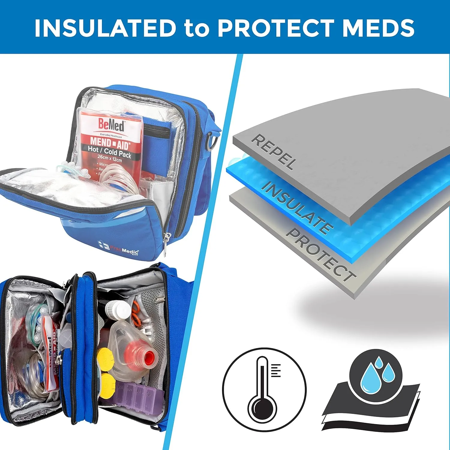 PracMedic Bags Medicine Bag- Insulin Cooler Travel Case- Diabetes Gifts- Diabetic Bag holds Diabetes Supply, Epipen, Auvi Q, Pill Bottle, First Aid, Asthma Spacer, Allergy Meds (X-MEDS Blue)
