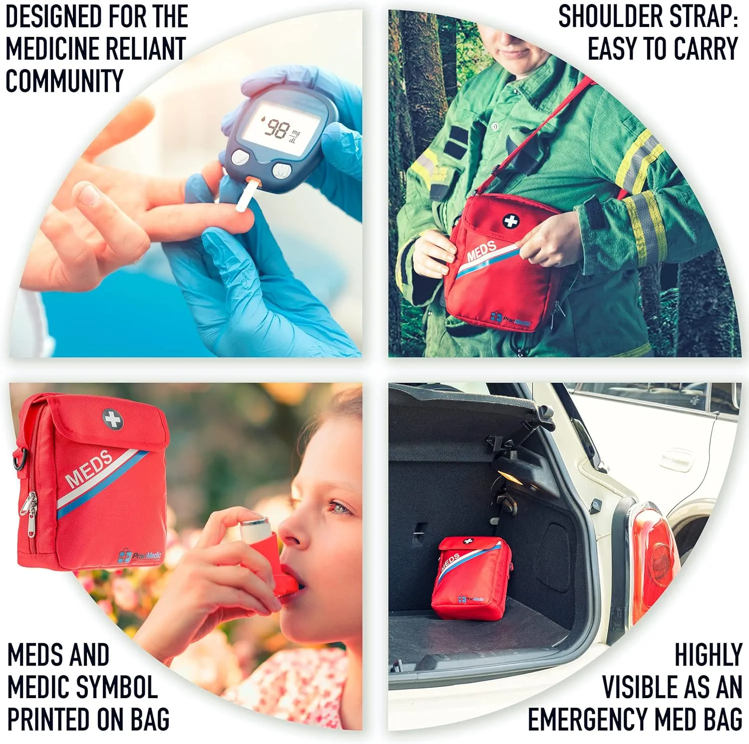 PracMedic Bags Travel Medicine Bag- First Aid Bags Empty or Epipen Carry Case for Insulin Pens, Pill Bottles, Diabetic Supply, Asthma Inhaler Spacer, Allergy Meds or First Aid Supplies (Red)