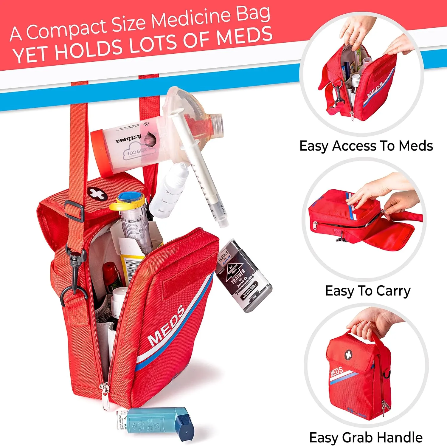 PracMedic Bags Travel Medicine Bag- First Aid Bags Empty or Epipen Carry Case for Insulin Pens, Pill Bottles, Diabetic Supply, Asthma Inhaler Spacer, Allergy Meds or First Aid Supplies (Red)