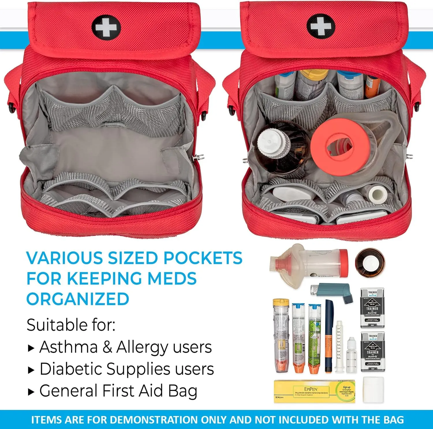 PracMedic Bags Travel Medicine Bag- First Aid Bags Empty or Epipen Carry Case for Insulin Pens, Pill Bottles, Diabetic Supply, Asthma Inhaler Spacer, Allergy Meds or First Aid Supplies (Red)