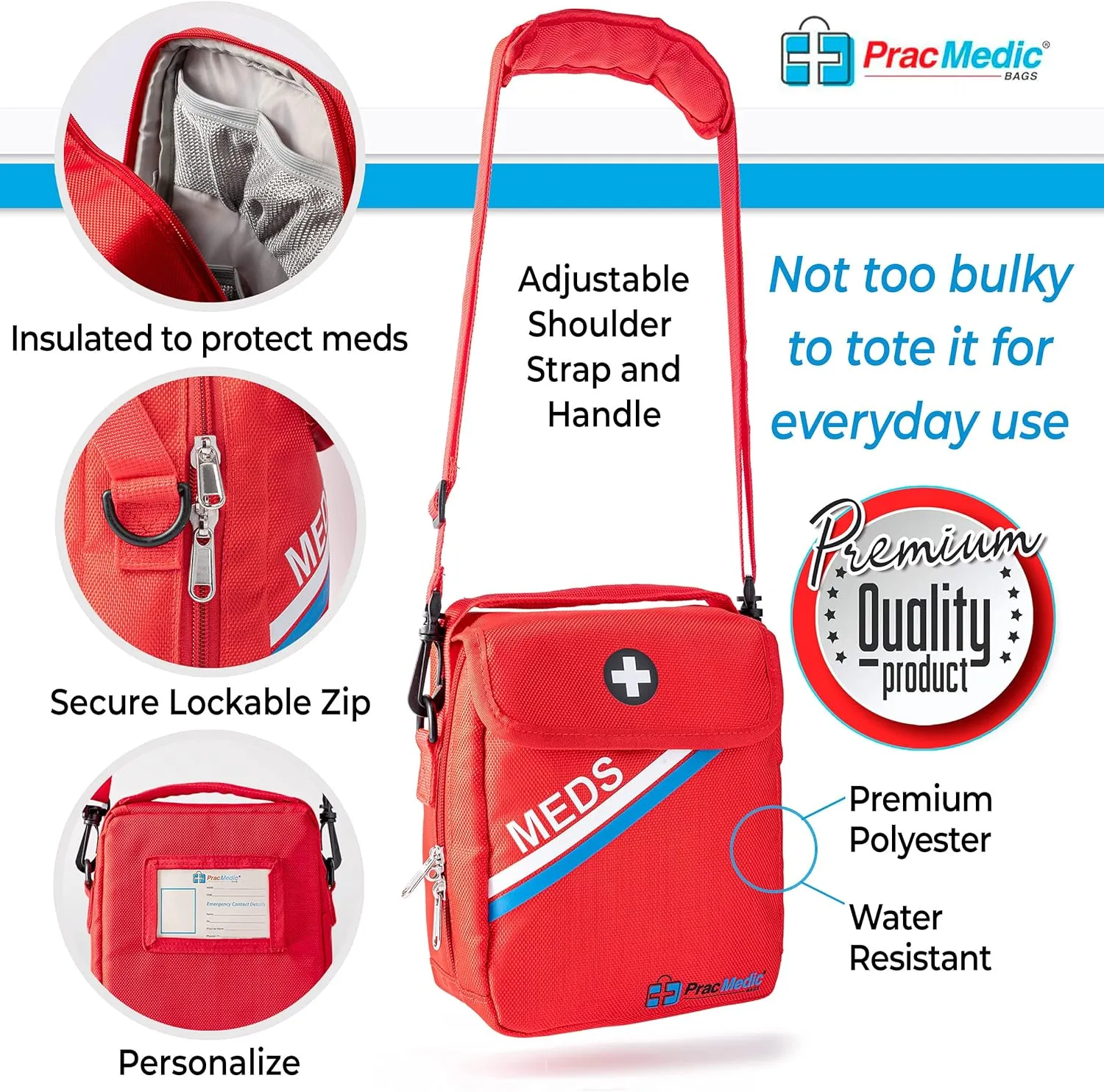 PracMedic Bags Travel Medicine Bag- First Aid Bags Empty or Epipen Carry Case for Insulin Pens, Pill Bottles, Diabetic Supply, Asthma Inhaler Spacer, Allergy Meds or First Aid Supplies (Red)