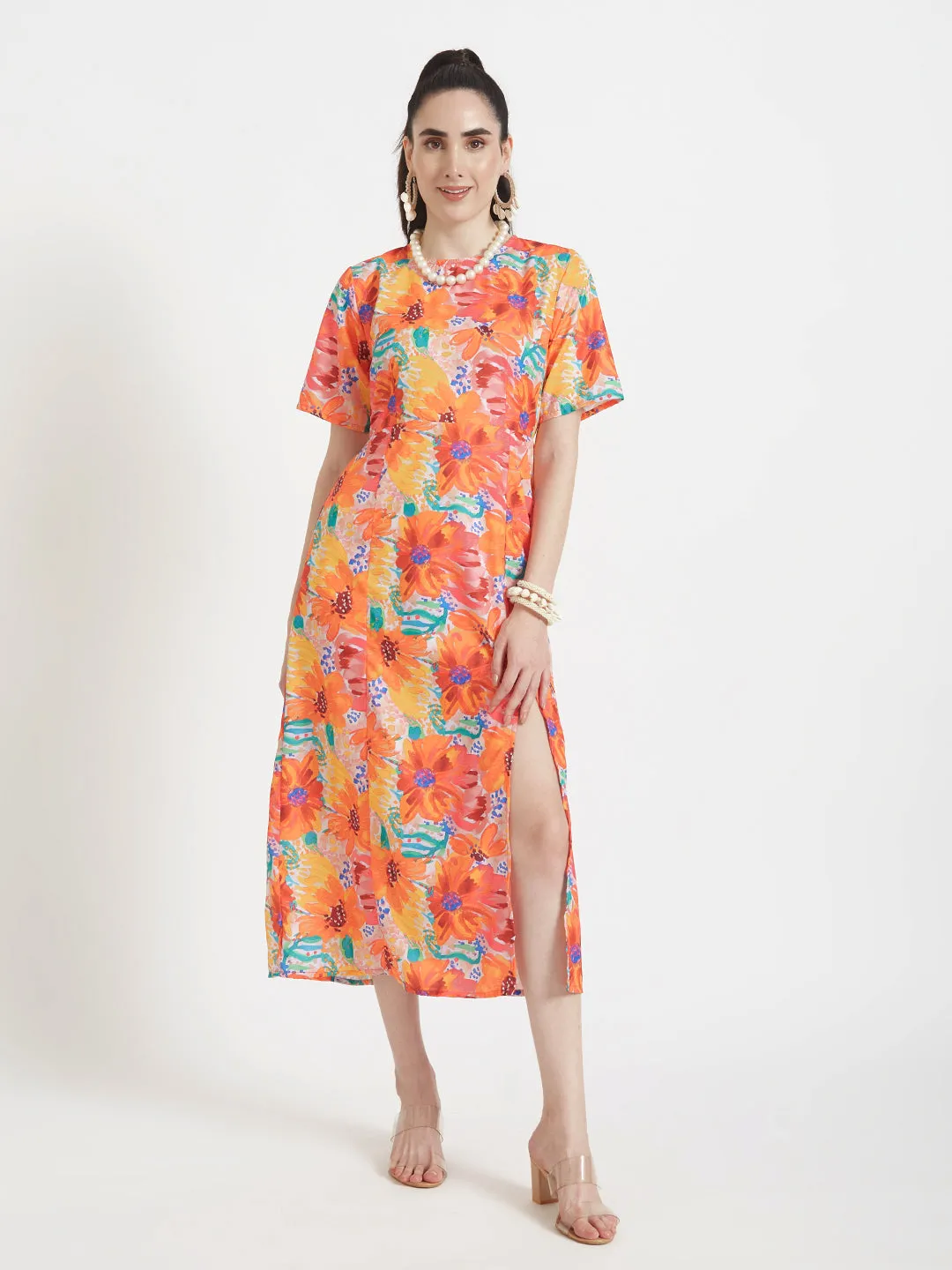 Premium American Crepe Digital Print  Maxi Dress With Slash Pocket