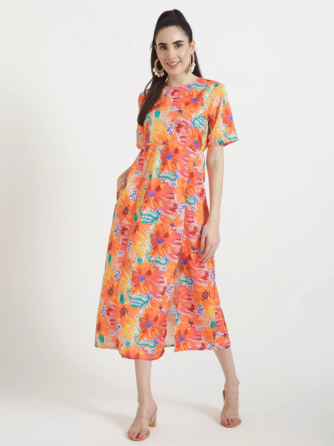 Premium American Crepe Digital Print  Maxi Dress With Slash Pocket