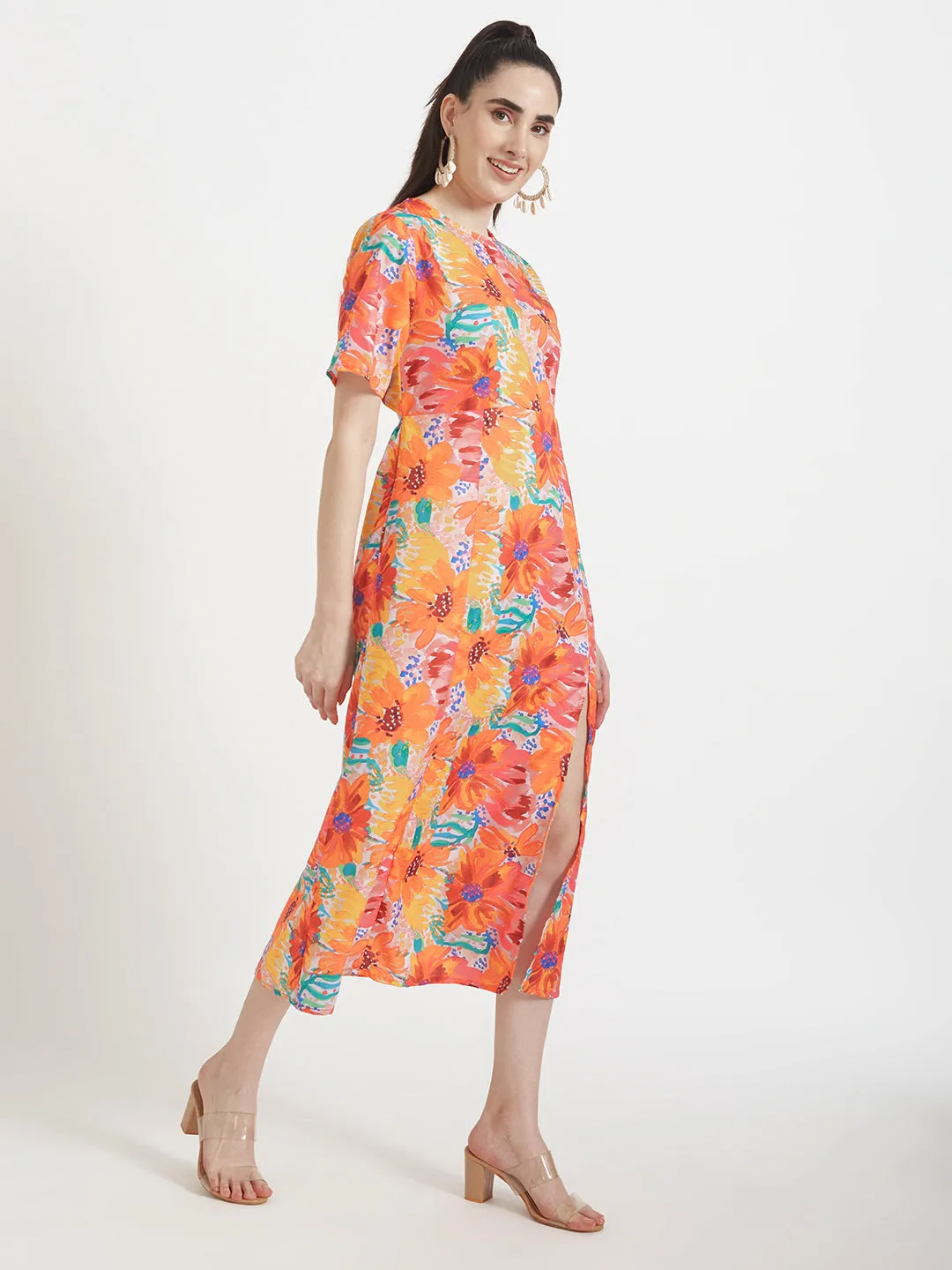 Premium American Crepe Digital Print  Maxi Dress With Slash Pocket