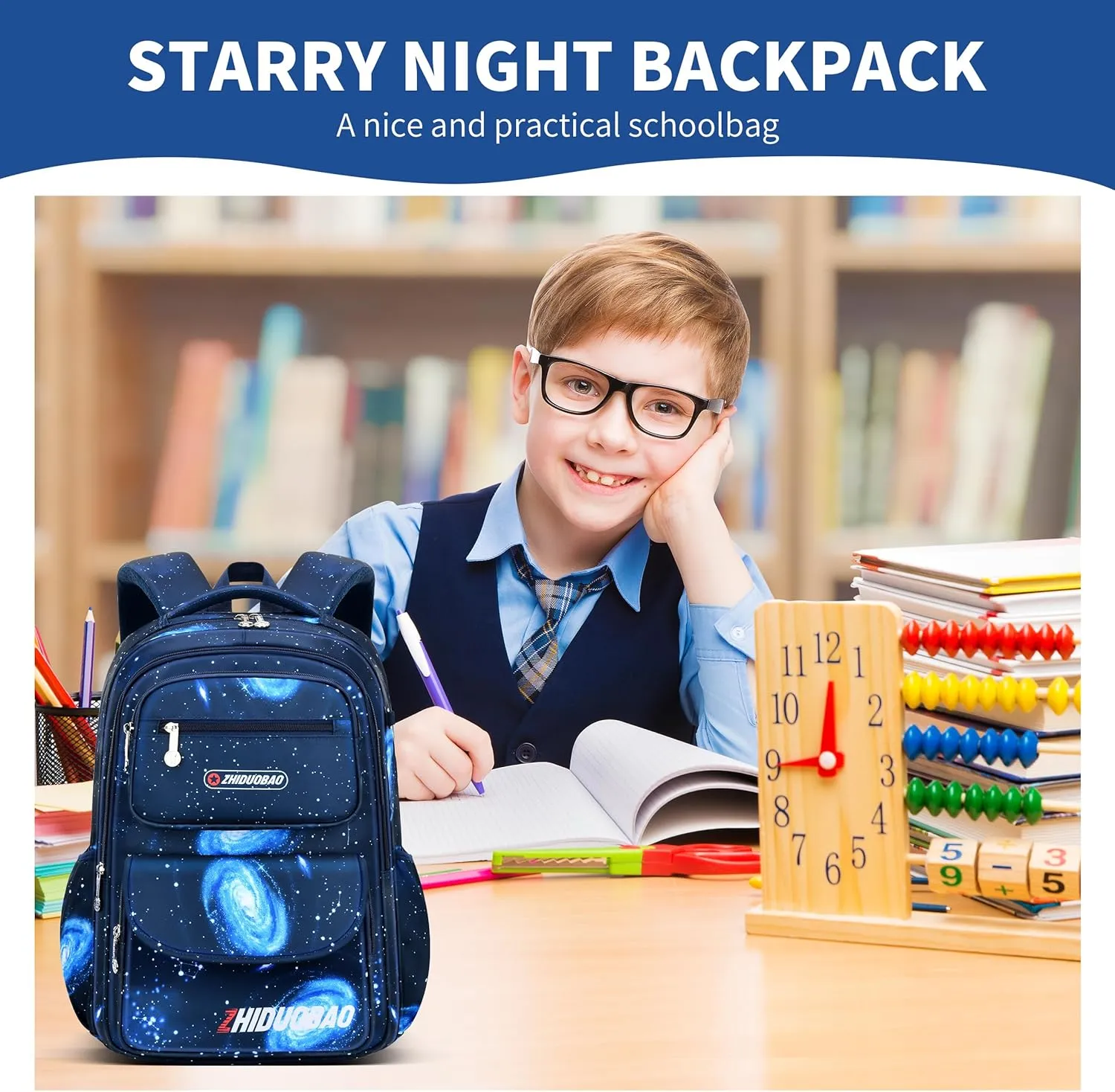 Primary School schoolbag with starry sky pattern For Boys, Large Capacity and Lightweight, Waterproof And Durable, Suitable for children aged 6-12 ， Casual Children's Bag