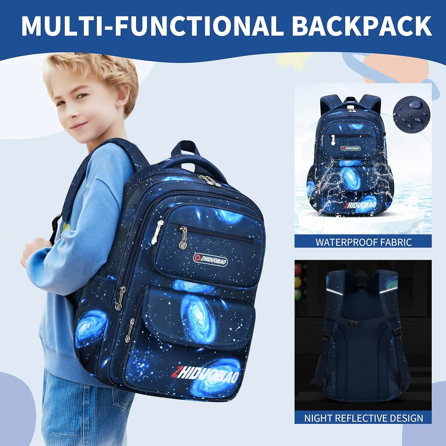 Primary School schoolbag with starry sky pattern For Boys, Large Capacity and Lightweight, Waterproof And Durable, Suitable for children aged 6-12 ， Casual Children's Bag