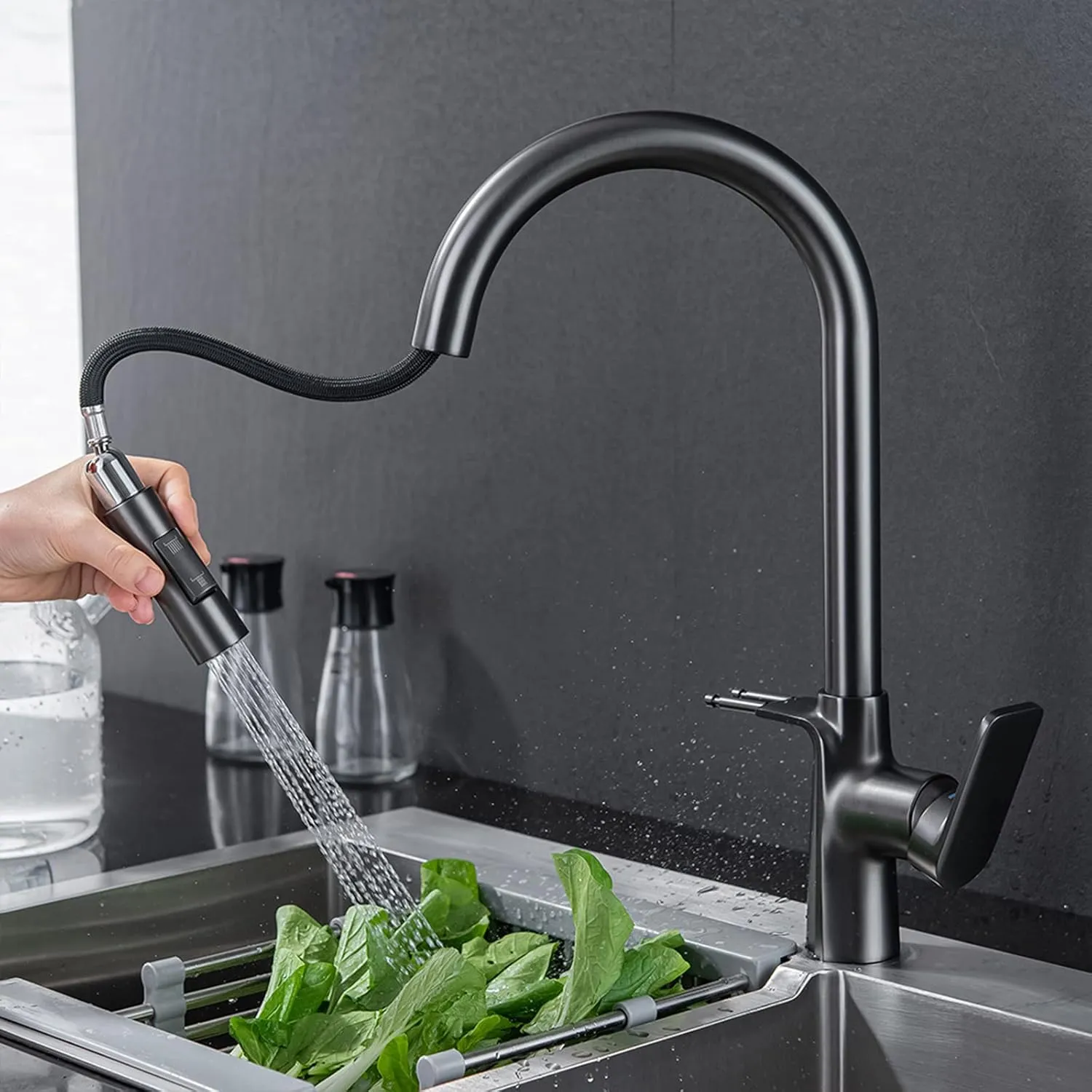 Pull Down Kitchen Sink Faucet Multi-Functional Hot and Cold Mixer Tap with Out Sprayer Brass 360° Rotation Double Hook, Single Handle,Gun Grey (Gun Grey)
