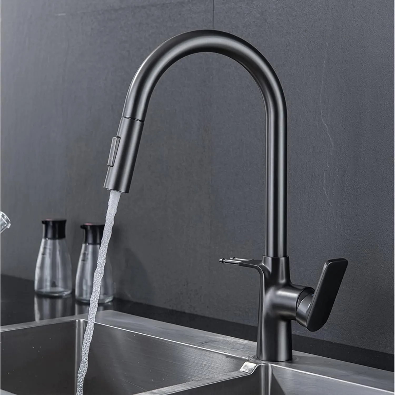 Pull Down Kitchen Sink Faucet Multi-Functional Hot and Cold Mixer Tap with Out Sprayer Brass 360° Rotation Double Hook, Single Handle,Gun Grey (Gun Grey)