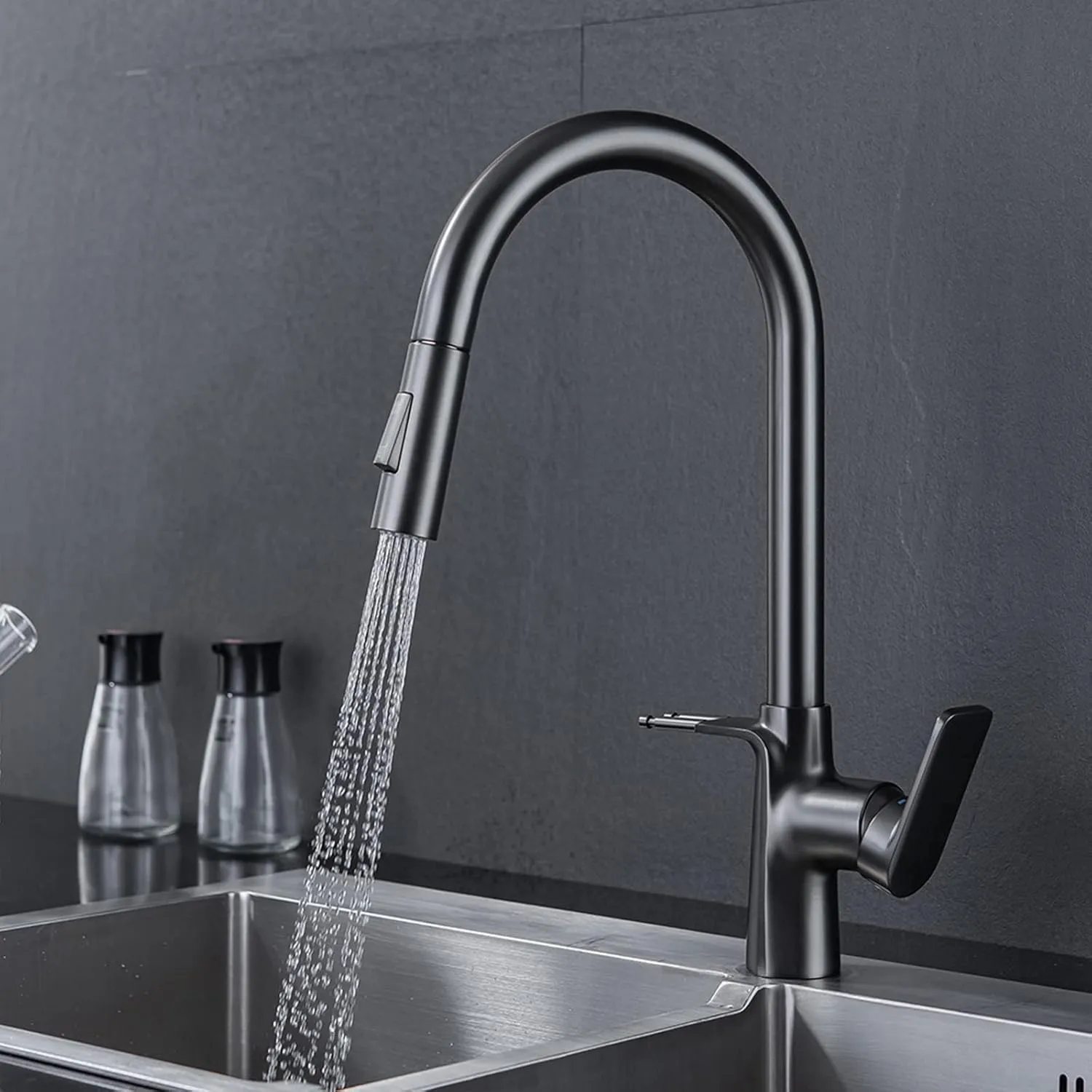 Pull Down Kitchen Sink Faucet Multi-Functional Hot and Cold Mixer Tap with Out Sprayer Brass 360° Rotation Double Hook, Single Handle,Gun Grey (Gun Grey)