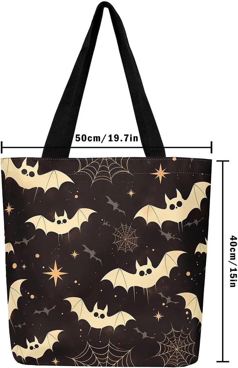 Pumpkin Lantern Canvas Tote Bag Gothic Shoulder Bag for Women,Cartoon Halloween Lights Reusable Cloth Cotton Bags