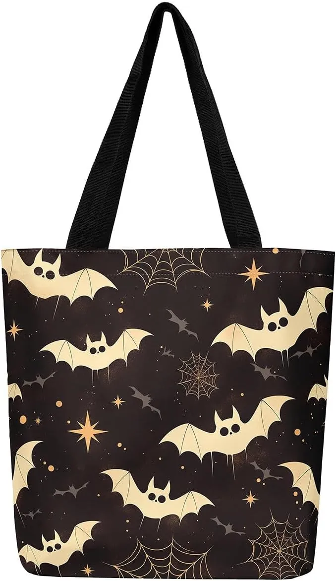 Pumpkin Lantern Canvas Tote Bag Gothic Shoulder Bag for Women,Cartoon Halloween Lights Reusable Cloth Cotton Bags