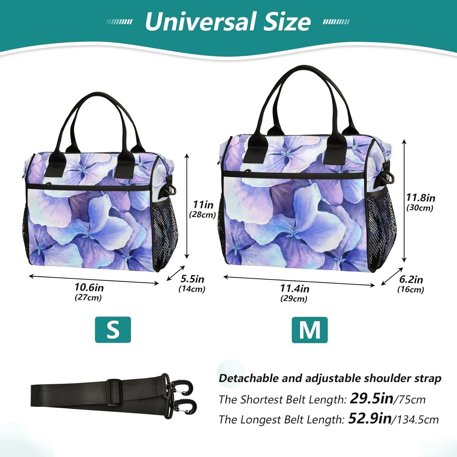 Purple Hydrangea Flower Petals Lunch Bag Insulated Lunch Box for Women Men Cooler Bag Leakproof Reusable Lunch Tote Bag with Shoulder Strap Work Picnic