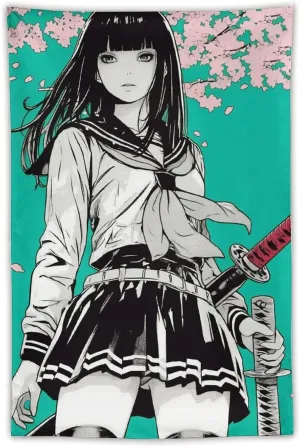 QEOPGNE Female Samurai Tapestry Cherry Blossom Anime Girl Samurai Wall Art Asian Japanese Wall Decor for Bedroom Home Office Living Room Decor for Men and Woman Wall Hanging Tapestries 40"x60"