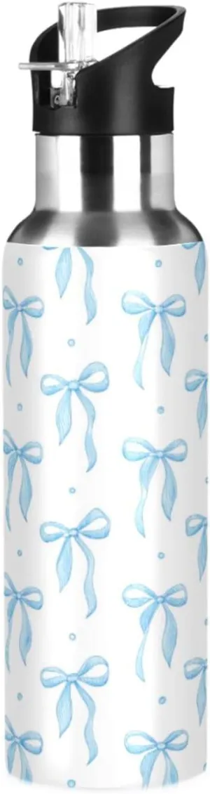 Qilmy Blue Ribbon Bow Sport Water Bottle with Straw Lid Double Wall Vacuum Insulated Flask Stainless Steel Water Bottle 20 oz