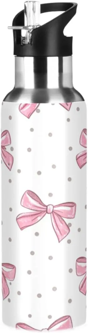 Qilmy Bow Pink Sport Water Bottle with Straw Lid Double Wall Vacuum Insulated Flask Stainless Steel Water Bottle 20 oz