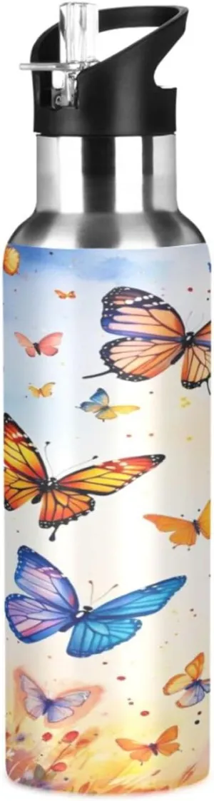 Qilmy Colorful Butterflies Sport Water Bottle with Straw Lid Double Wall Vacuum Insulated Flask Stainless Steel Water Bottle 20 oz