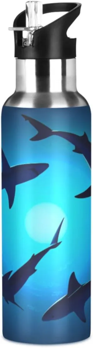 Qilmy Floating Sharks Sport Water Bottle with Straw Lid Double Wall Vacuum Insulated Flask Stainless Steel Water Bottle 20 oz