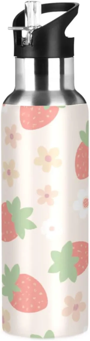 Qilmy Fresh Strawberry Sport Water Bottle with Straw Lid Double Wall Vacuum Insulated Flask Stainless Steel Water Bottle 20 oz
