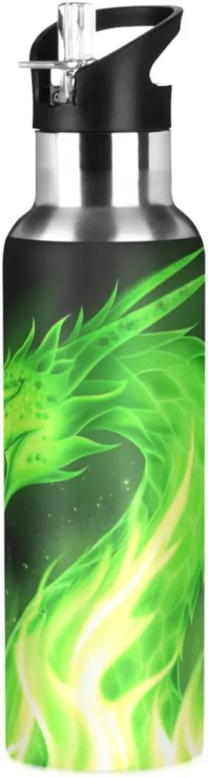 Qilmy Green Dragon Fire Sport Water Bottle with Straw Lid Double Wall Vacuum Insulated Flask Stainless Steel Water Bottle 20 oz