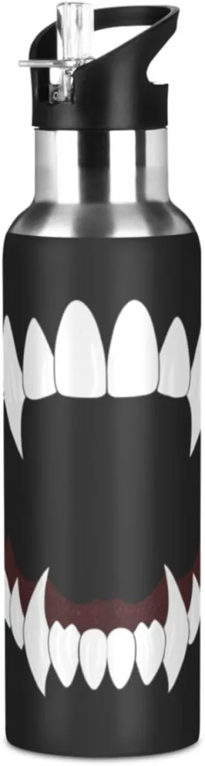Qilmy Vampire Teeth Sport Water Bottle with Straw Lid Double Wall Vacuum Insulated Flask Stainless Steel Water Bottle 20 oz