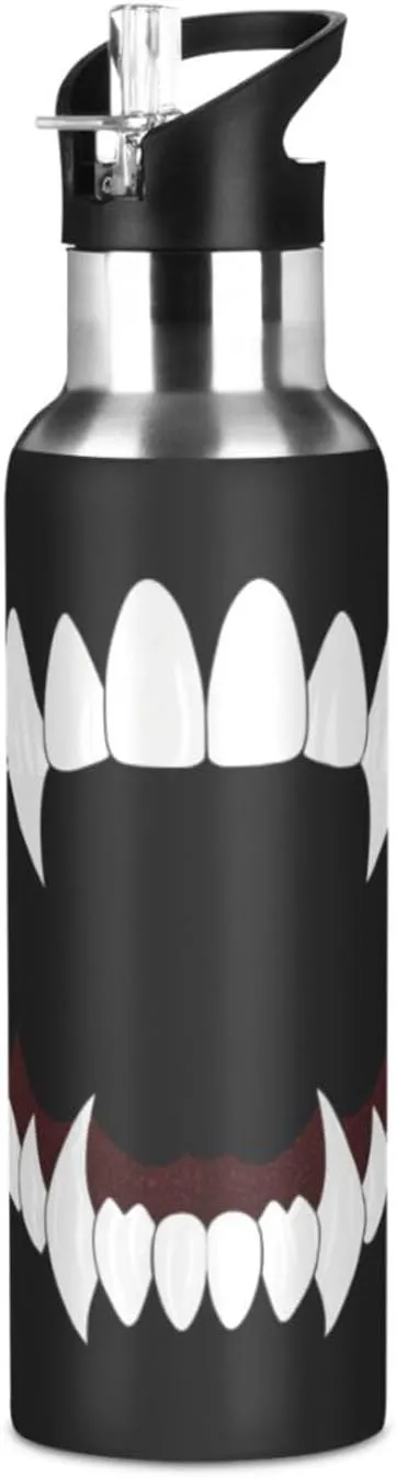 Qilmy Vampire Teeth Sport Water Bottle with Straw Lid Double Wall Vacuum Insulated Flask Stainless Steel Water Bottle 20 oz