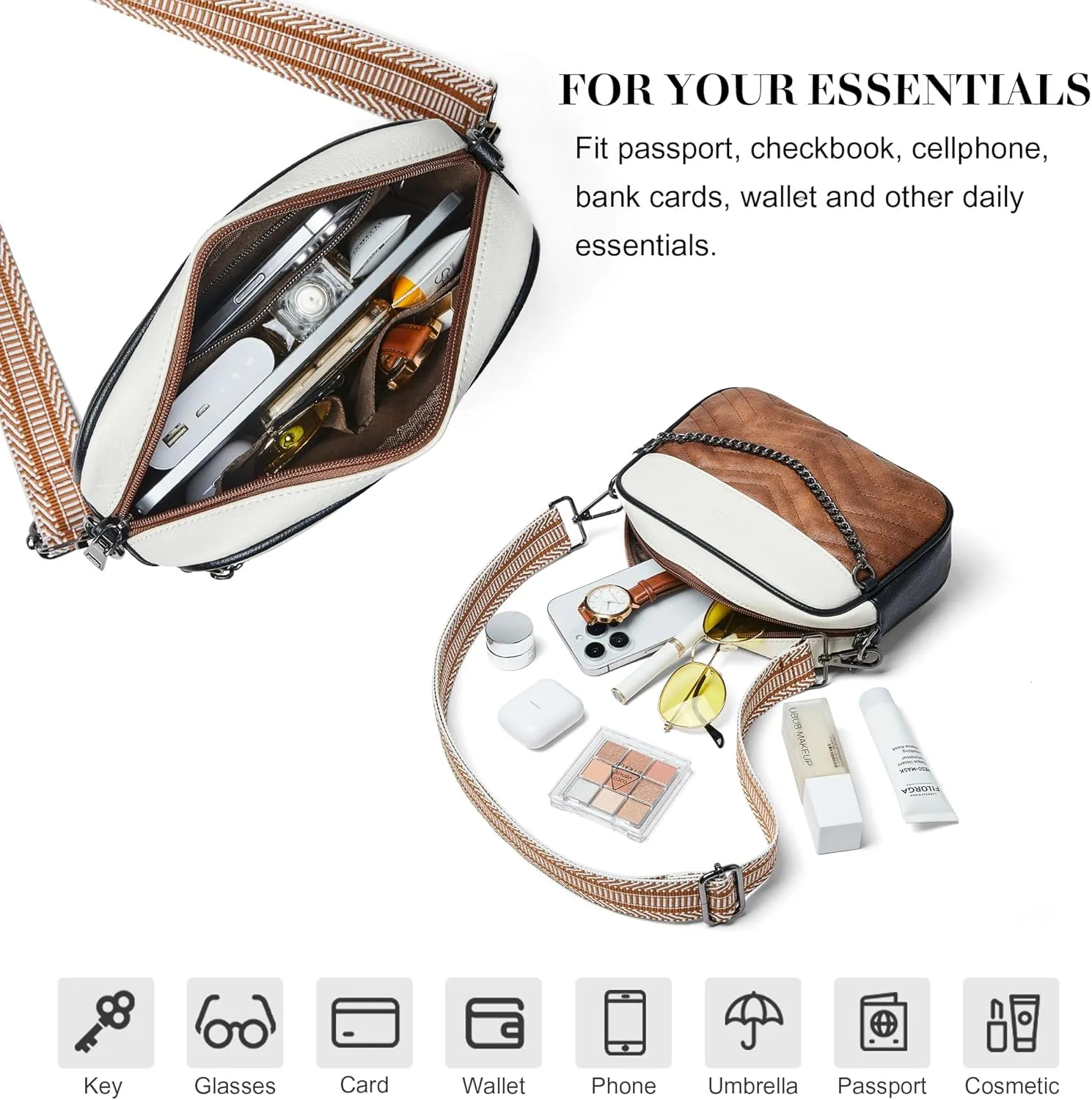 Quilted Crossbody Bags for Women 3-Pockets Crossbody Purses Vegan Leather Shoulder Handbags with Wide Strap