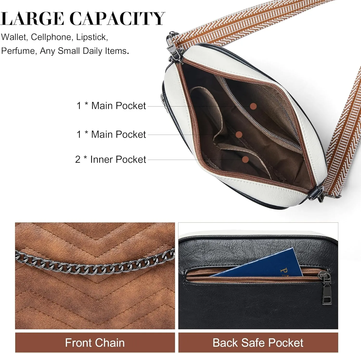 Quilted Crossbody Bags for Women 3-Pockets Crossbody Purses Vegan Leather Shoulder Handbags with Wide Strap