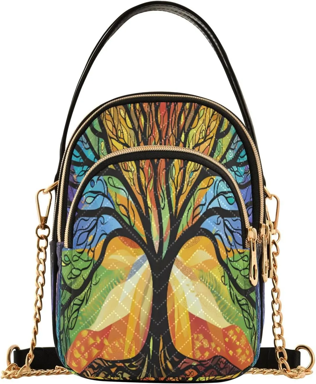 Quilted Crossbody Bags for Women,An Illustration Of A Tree with Vibrant Branches Reaching Out and Intertwining Symbolizing The Growt Women's Crossbody Handbags Small Travel Purses Phone Bag