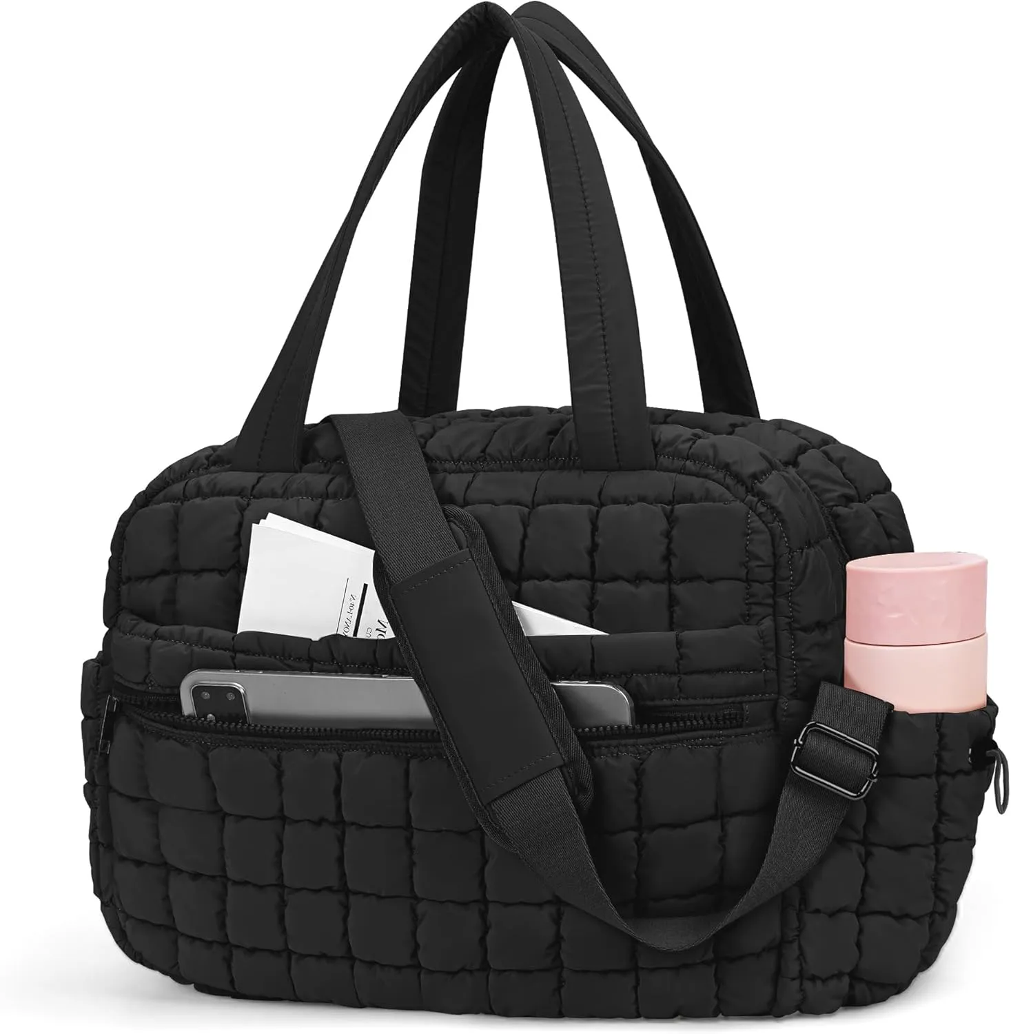 Quilted Duffle Tote Bag - Cute Gym Tote For Women - Travel Carry On Weekender Bag