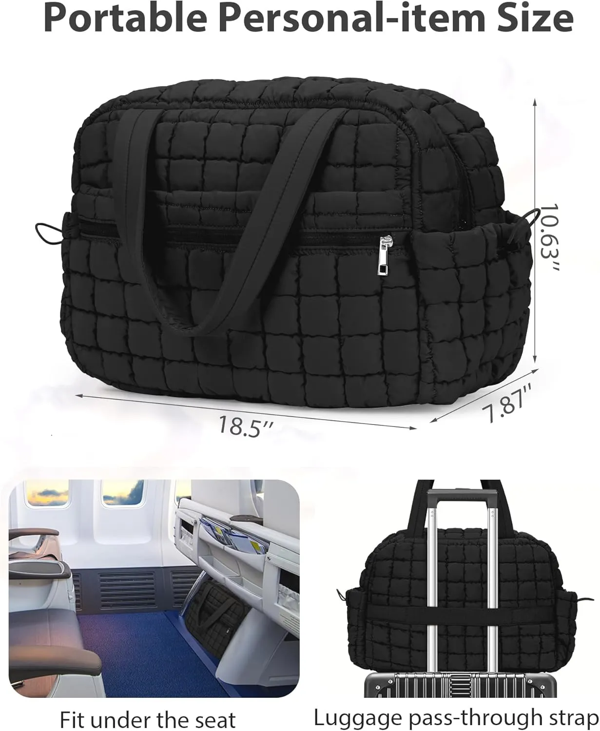 Quilted Duffle Tote Bag - Cute Gym Tote For Women - Travel Carry On Weekender Bag