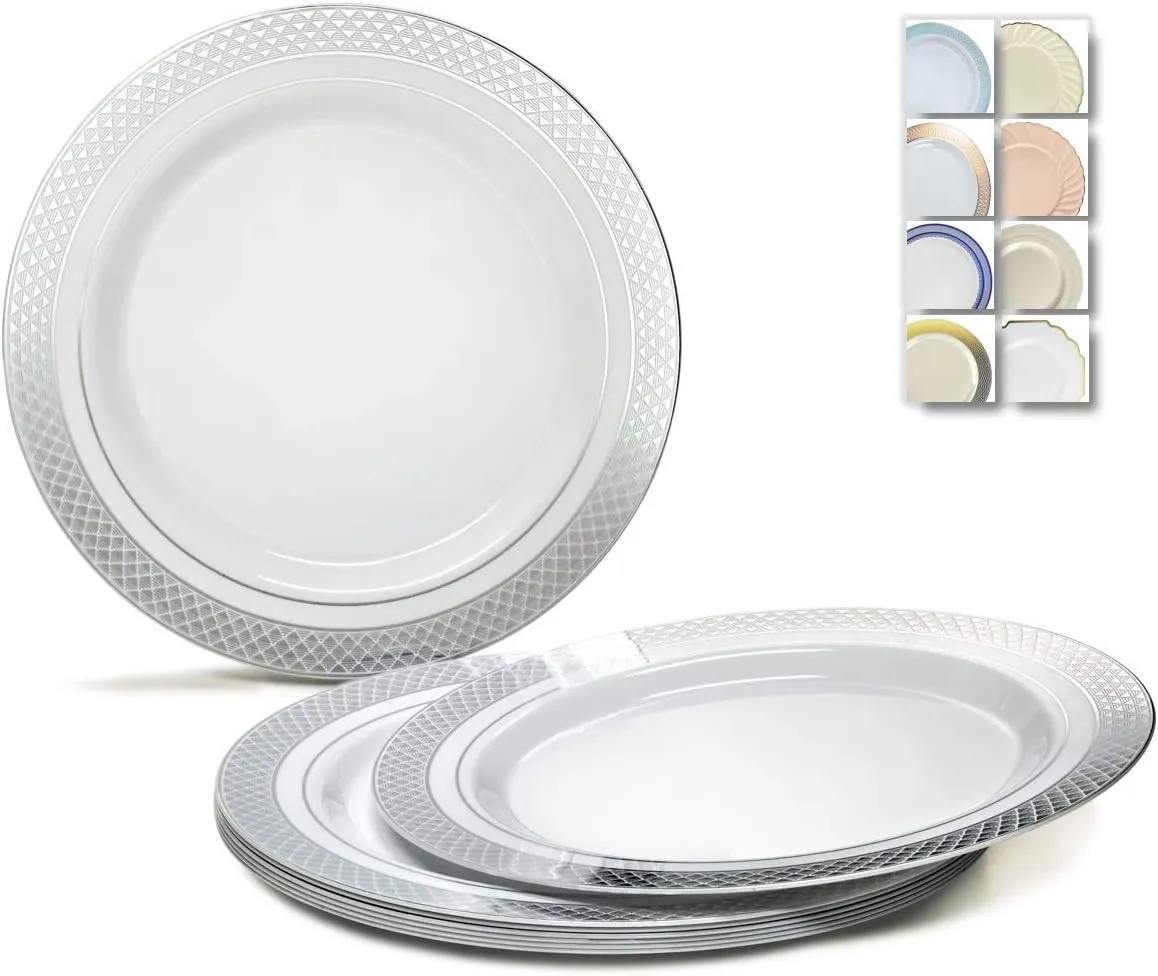 " OCCASIONS " 120 Plates Pack, Heavyweight Disposable Wedding Party Plastic Plates (10.5'' Dinner Plate, Celebration in White & Silver)