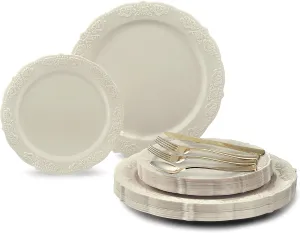 " OCCASIONS " 150 Piece set (25 Guests) Vintage Wedding Party Disposable Dinnerware Set Plastic Plates 10.25'', 7.5''  Gold Silverware w/double fork (Portofino Plain Ivory, Gold Silverware)