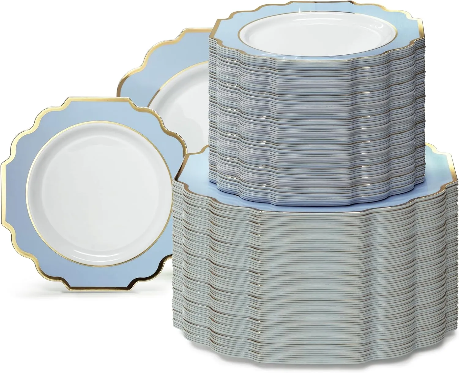" OCCASIONS " 240 Plates Pack (120 Guests) Heavyweight Wedding Party Disposable Plastic Plates Set -120 x 10.5'' Dinner   120 x 8'' Salad/Dessert Plate (Imperial in White/Blue & Gold)