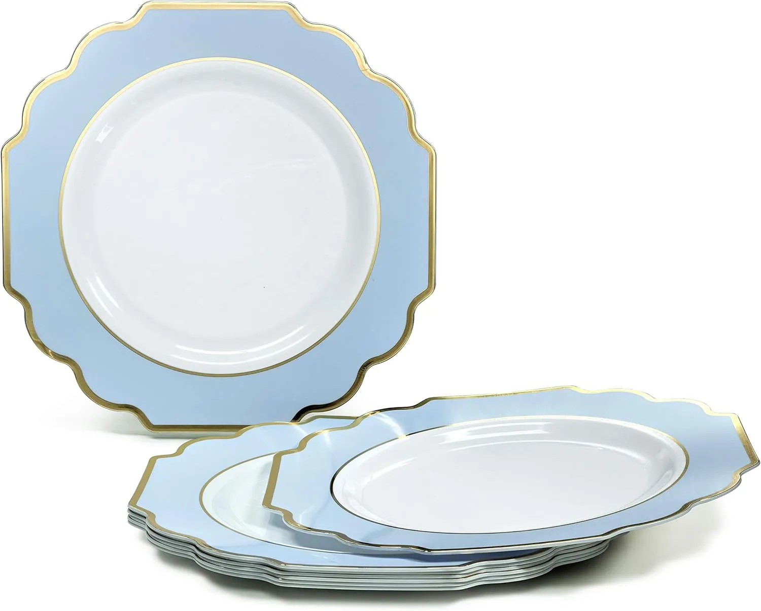 " OCCASIONS " 240 Plates Pack (120 Guests) Heavyweight Wedding Party Disposable Plastic Plates Set -120 x 10.5'' Dinner   120 x 8'' Salad/Dessert Plate (Imperial in White/Blue & Gold)