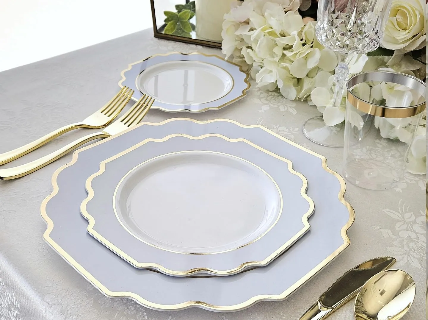 " OCCASIONS " 240 Plates Pack (120 Guests) Heavyweight Wedding Party Disposable Plastic Plates Set -120 x 10.5'' Dinner   120 x 8'' Salad/Dessert Plate (Imperial in White/Blue & Gold)