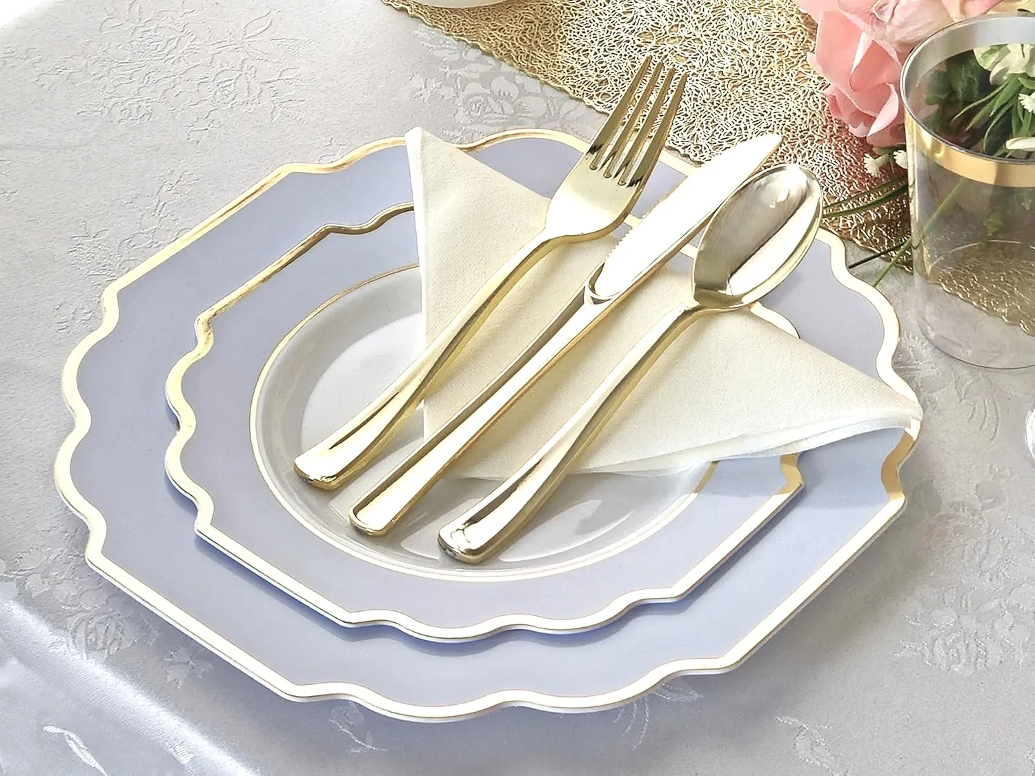 " OCCASIONS " 240 Plates Pack (120 Guests) Heavyweight Wedding Party Disposable Plastic Plates Set -120 x 10.5'' Dinner   120 x 8'' Salad/Dessert Plate (Imperial in White/Blue & Gold)