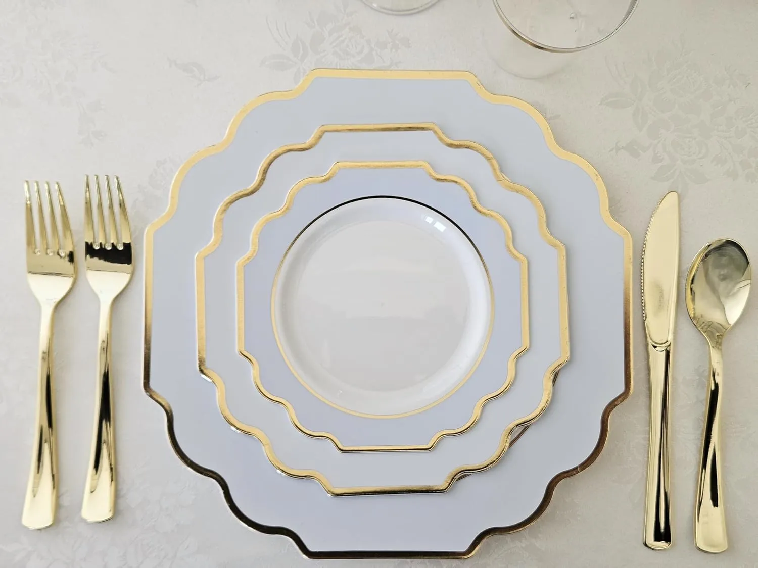 " OCCASIONS " 240 Plates Pack (120 Guests) Heavyweight Wedding Party Disposable Plastic Plates Set -120 x 10.5'' Dinner   120 x 8'' Salad/Dessert Plate (Imperial in White/Blue & Gold)
